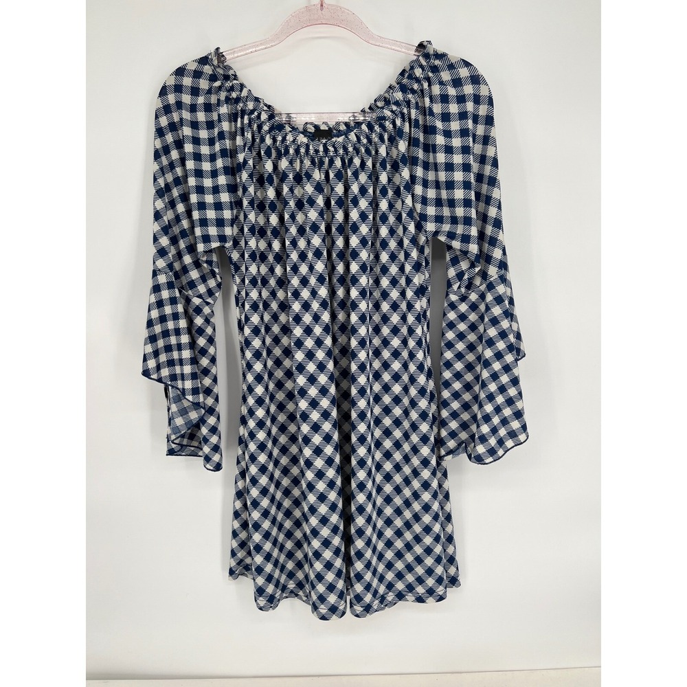 Lildy Off Shoulder Tie Sleeve Tunic  Gingham Blouse Top Blue White Sz‎ L-XL